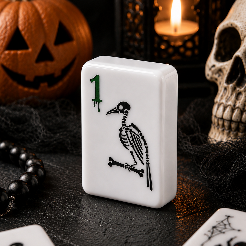 A Halloween-themed white mahjong tile featuring a black bird skeleton design and a green '1' in the corner, displayed on a dark surface with a jack-o'-lantern, skull, candle, and black beads in the background.