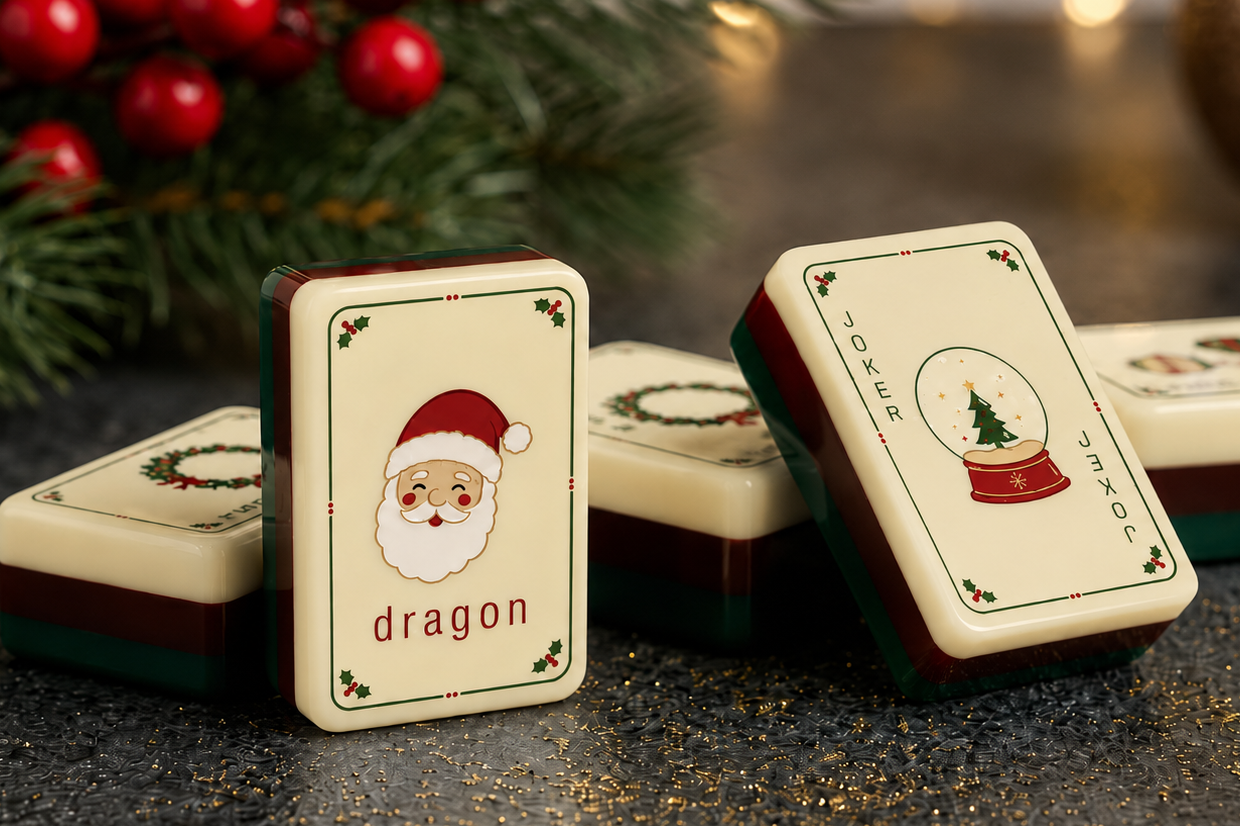 Christmas mahjong tile set showing a detailed Dragon santa face tile and a Joker snow globe tile with a green christmas tree in it