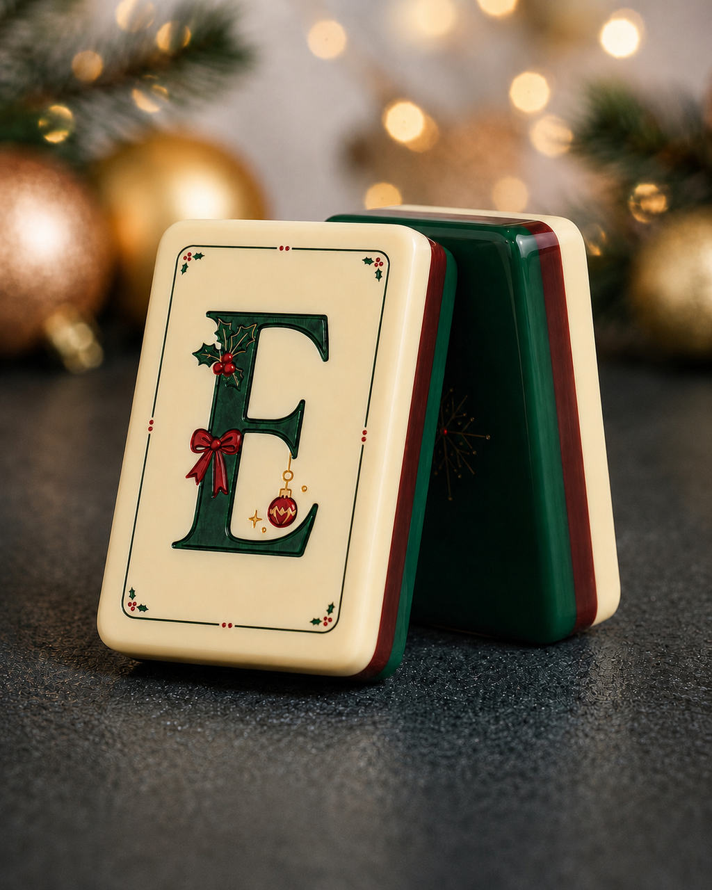 Christmas mahjong tile set showing a green East tile with mistletoe and a bow